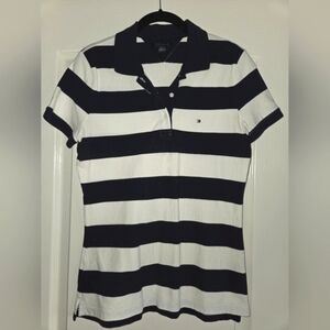 Tommy Hilfiger Women's Navy and White Striped Polo Shirt
